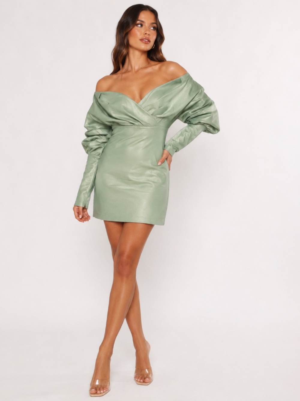 PrettyLittleThing Sage Green Satin Ruched Sleeve Mini Dress Size 8
